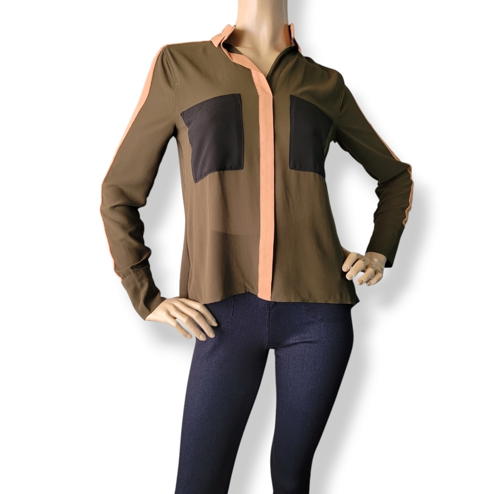 Olive Green, Black & Peach Colorblock High Low Long Sleeve Blouse by VO Jeans